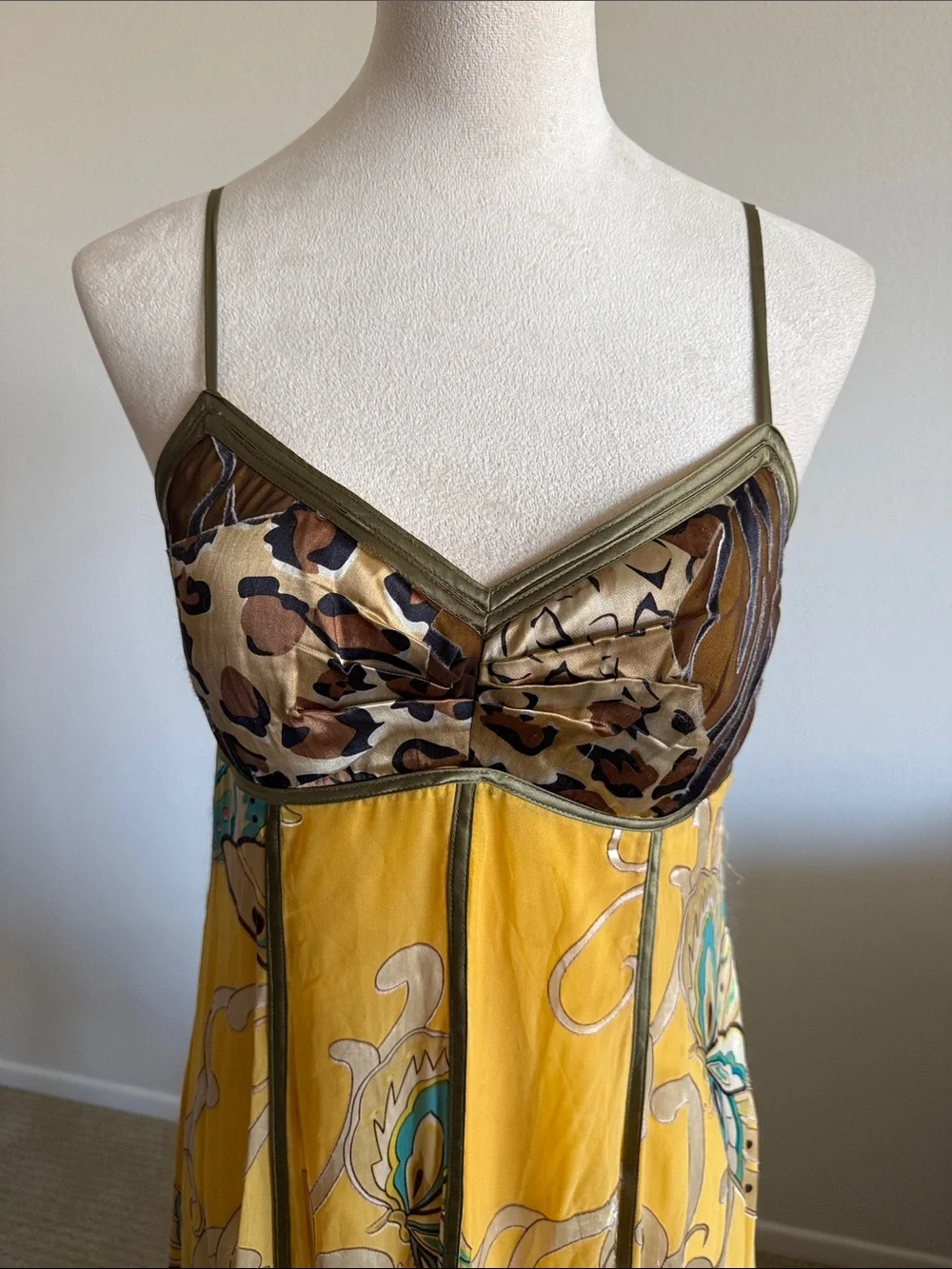 Sue Wong Mustard Yellow and Brown Floral Silk Slip Dress - Picture 3 of 10
